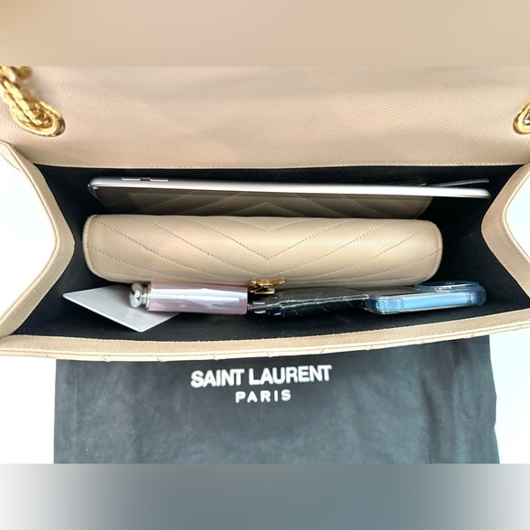 Auth SAINT LAURENT Grain De Poudre Matelasse Chevron Large Monogram Satchel Bag - Picture 11 of 16